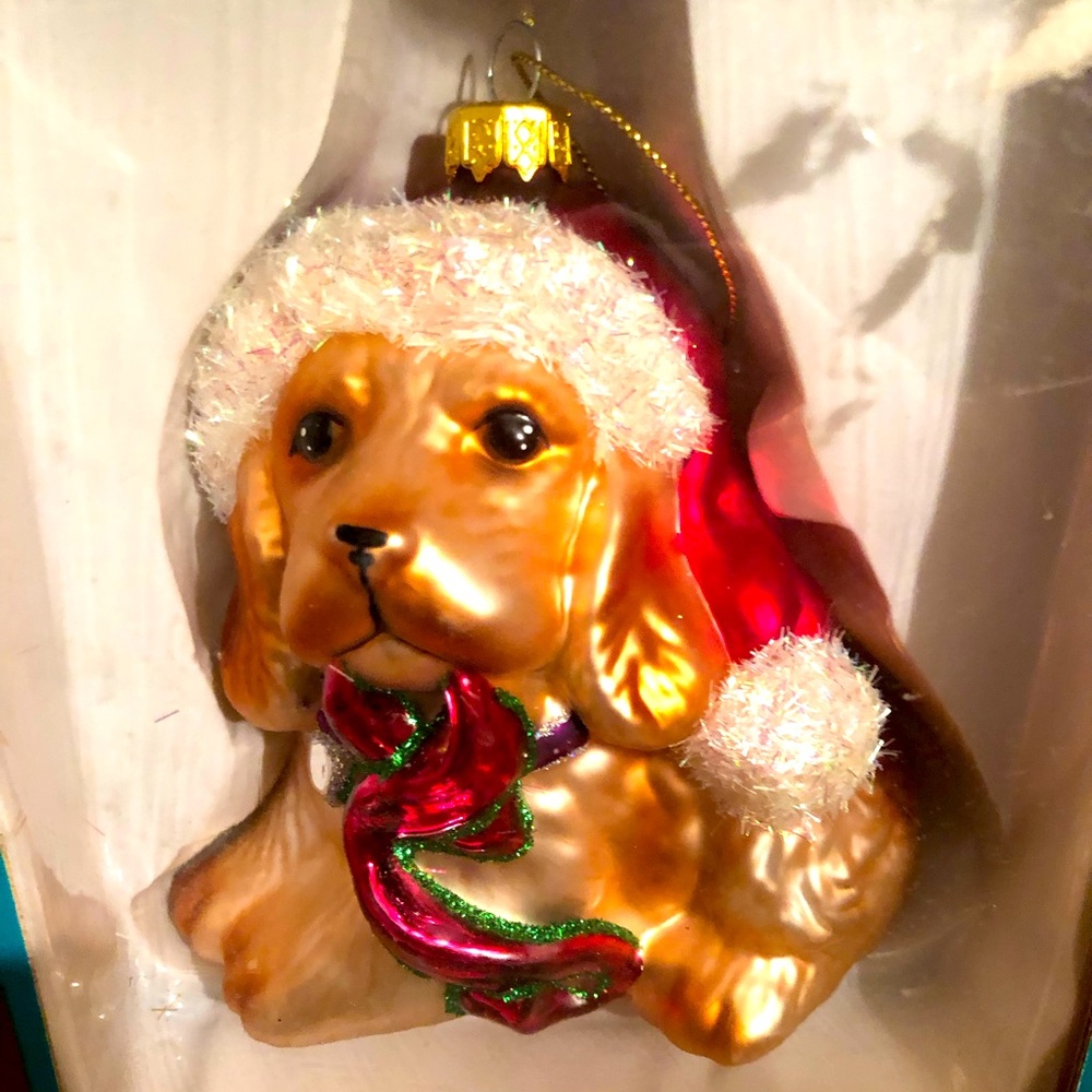 Christmas Blown Glass Ornament Cocker Spaniel Wearing Santa Hat